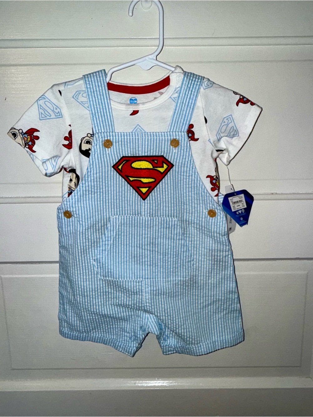 DC Comics 6-9M NWT Blue Striped Overalls & Logo Tee Set - Kids Accessories